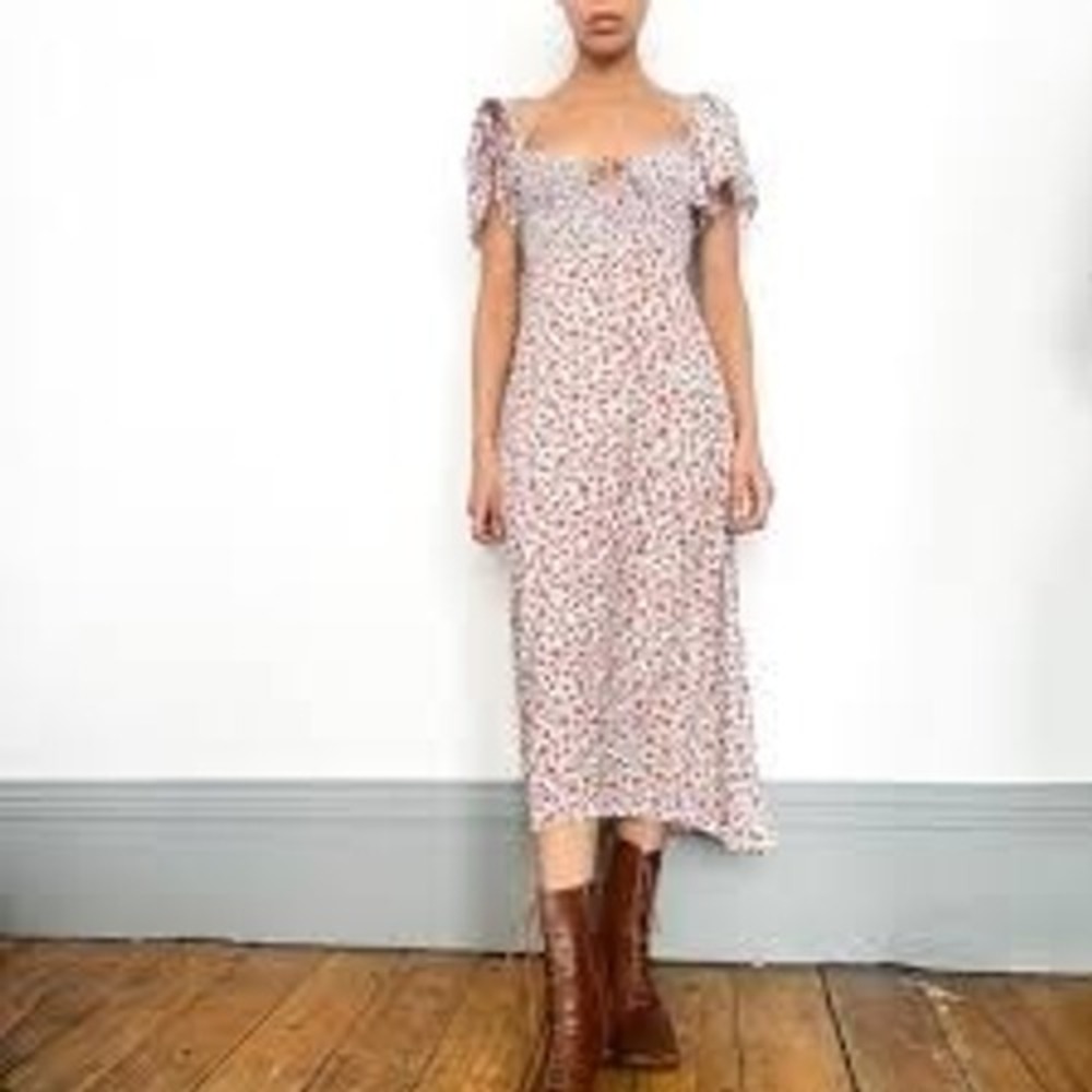 Zara Midi Dress Women Medium Blue Floral Smocked Sweetheart Cottagecore Romantic